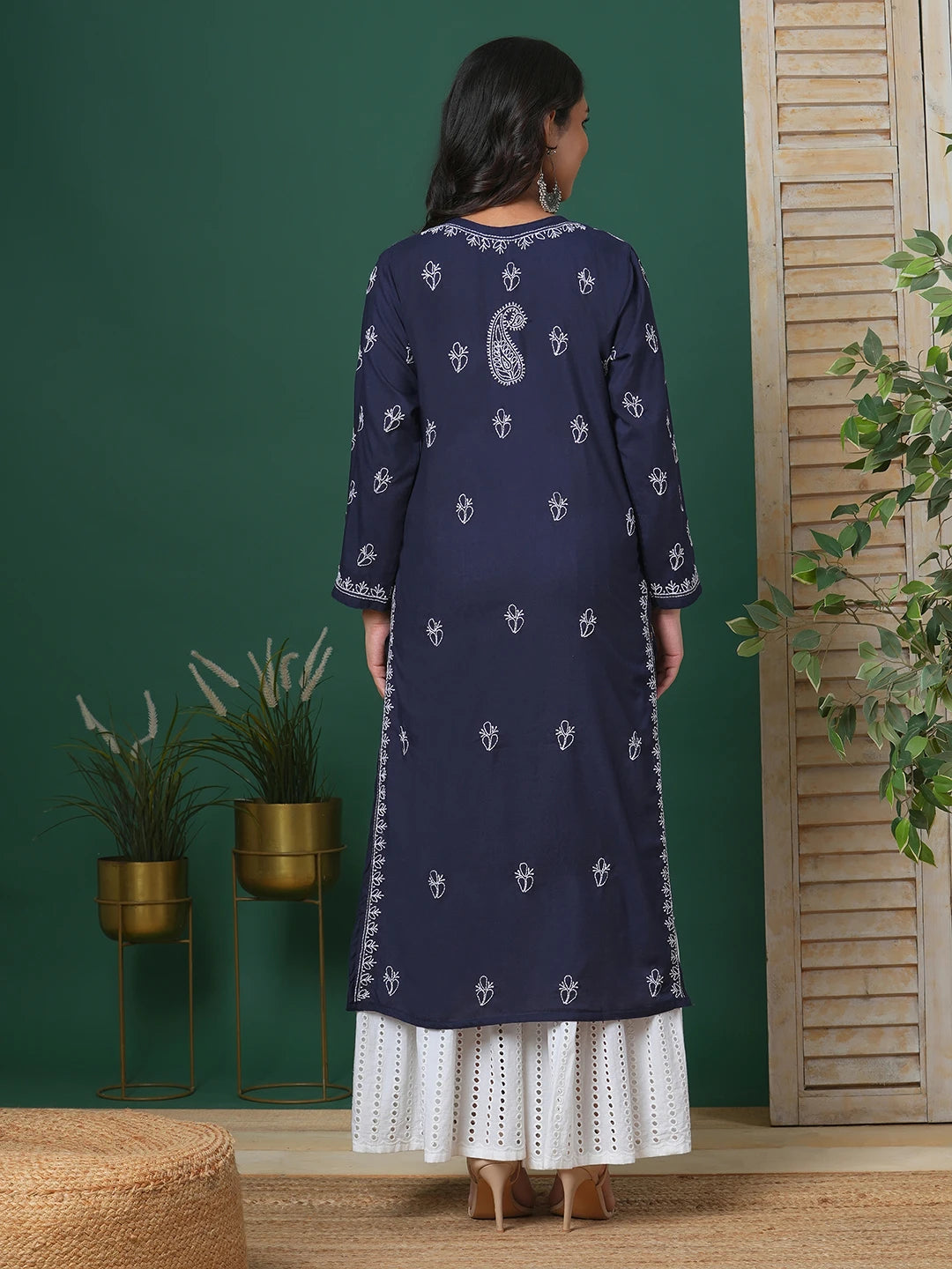 Ada Hand Embroidered Navy Blue Cotton Lucknowi Chikankari Straight Kurta A411685