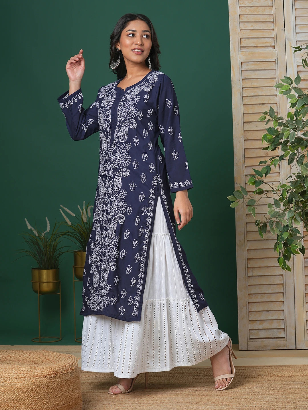 Ada Hand Embroidered Navy Blue Cotton Lucknowi Chikankari Straight Kurta A411685