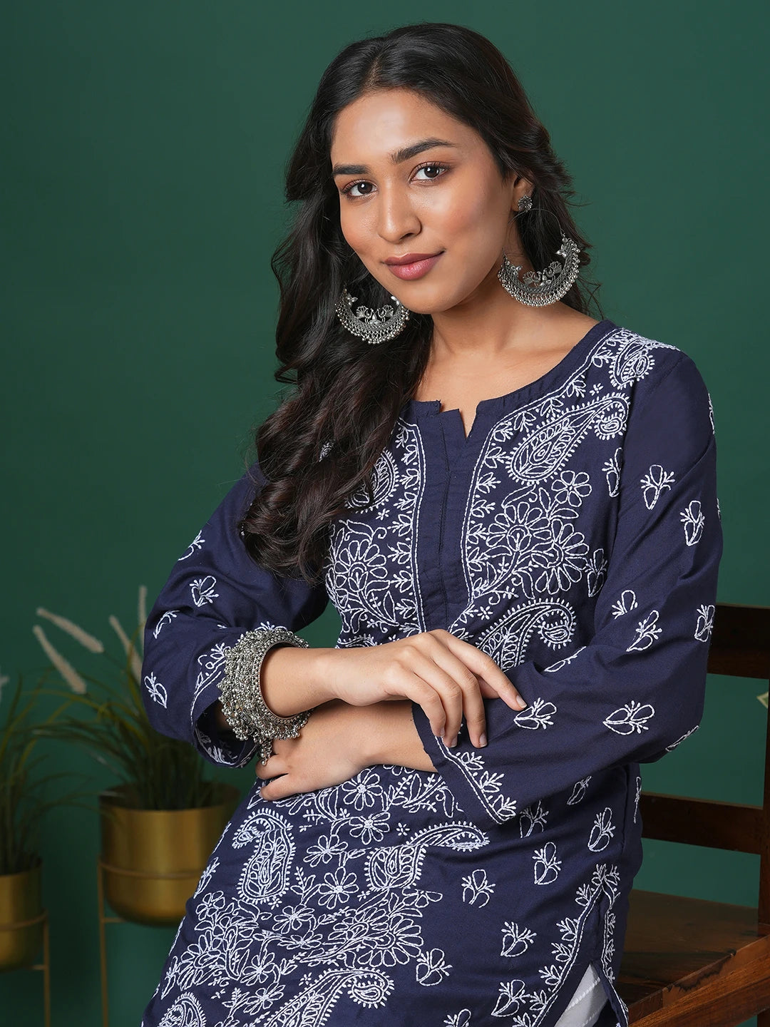 Ada Hand Embroidered Navy Blue Cotton Lucknowi Chikankari Straight Kurta A411685