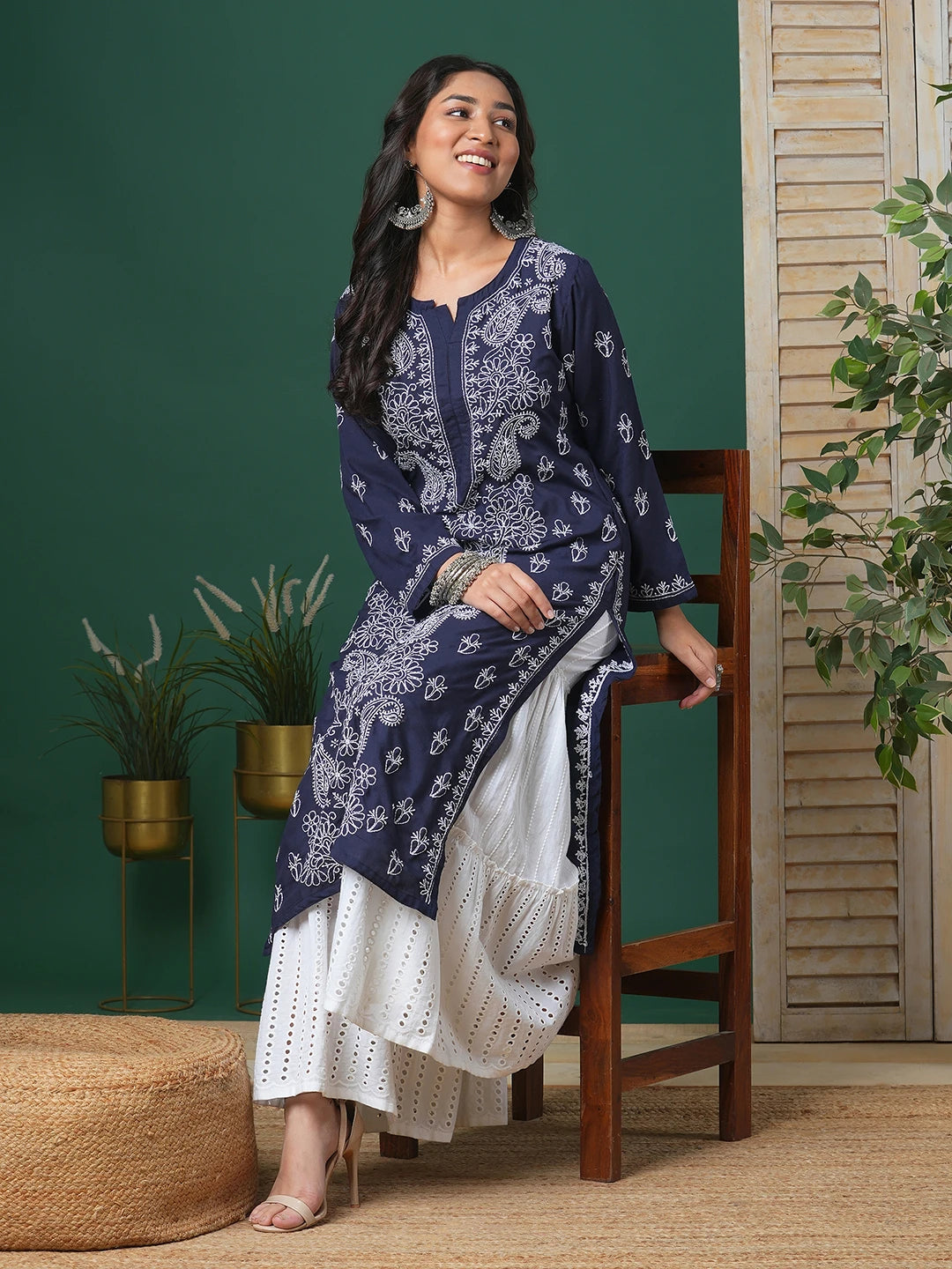 Ada Hand Embroidered Navy Blue Cotton Lucknowi Chikankari Straight Kurta A411685