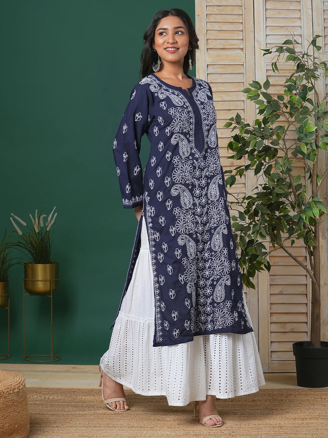 Ada Hand Embroidered Navy Blue Cotton Lucknowi Chikankari Straight Kurta A411685