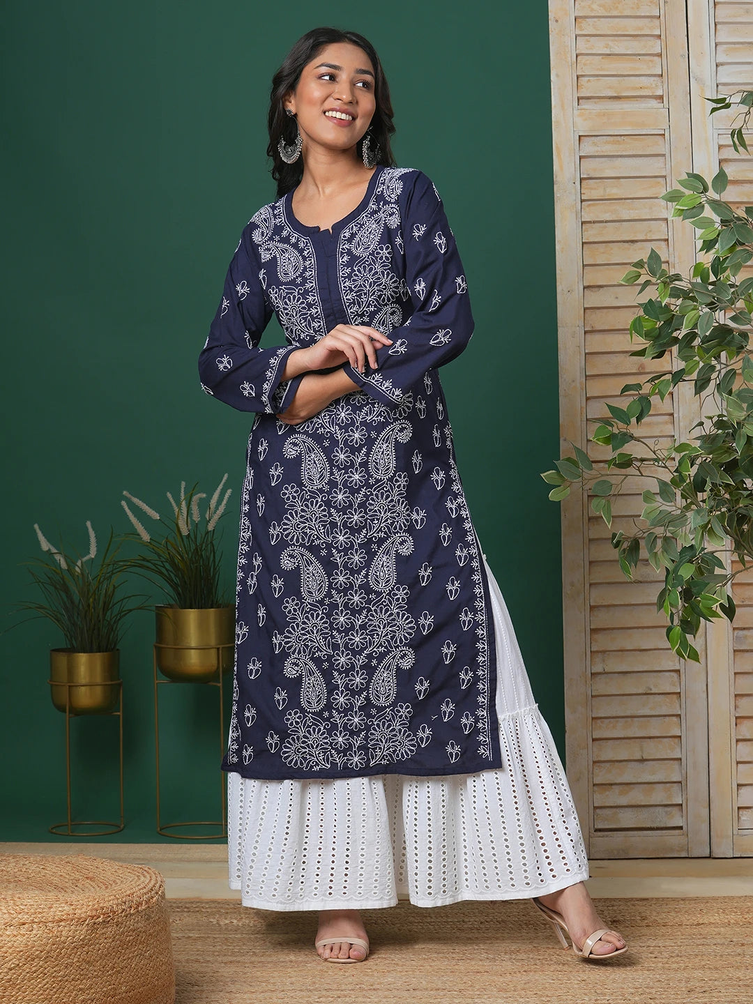 Ada Hand Embroidered Navy Blue Cotton Lucknowi Chikankari Straight Kurta A411685