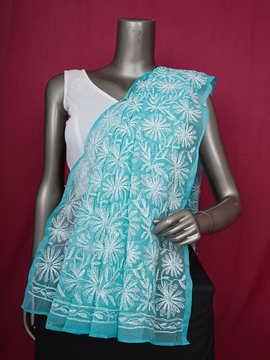 Ada Hand Embroidered Sky Blue Faux Georgette Lucknowi Chikankari Dupatta With Mukaish Work  01A561614