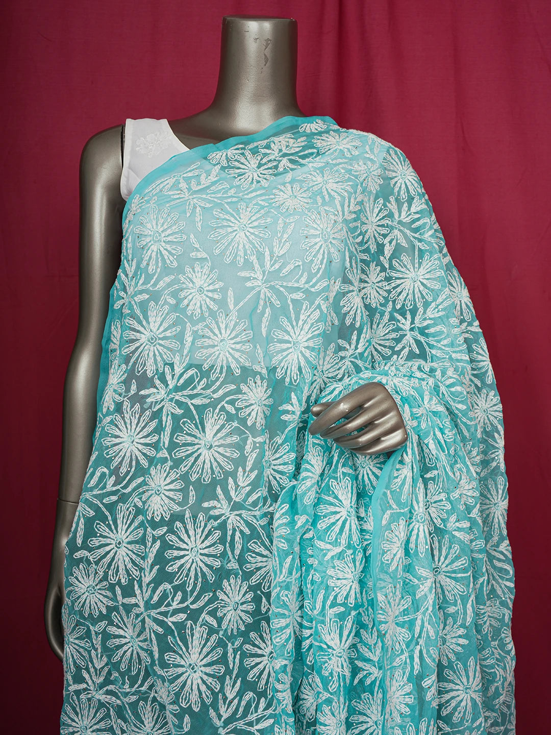 Ada Hand Embroidered Sky Blue Faux Georgette Lucknowi Chikankari Dupatta With Mukaish Work  01A561614