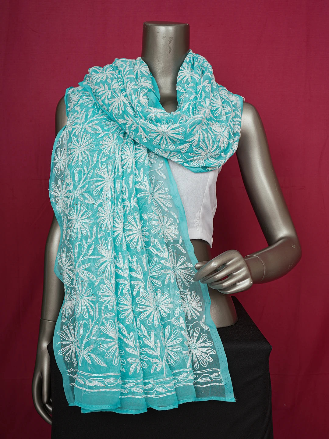 Ada Hand Embroidered Sky Blue Faux Georgette Lucknowi Chikankari Dupatta With Mukaish Work  01A561614