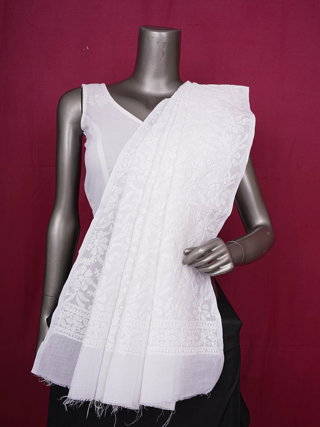 Ada Hand Embroidered White Cotton Lucknowi Chikankari Dupatta 01A562441