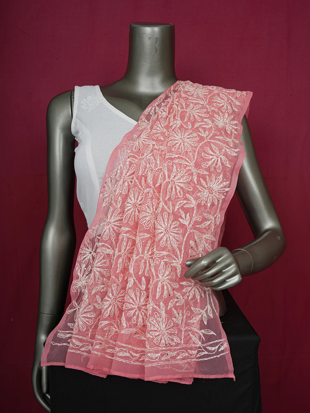 Ada Hand Embroidered Peach Pink Faux Georgette Lucknowi Chikankari Dupatta With Mukaish Work 01A560744