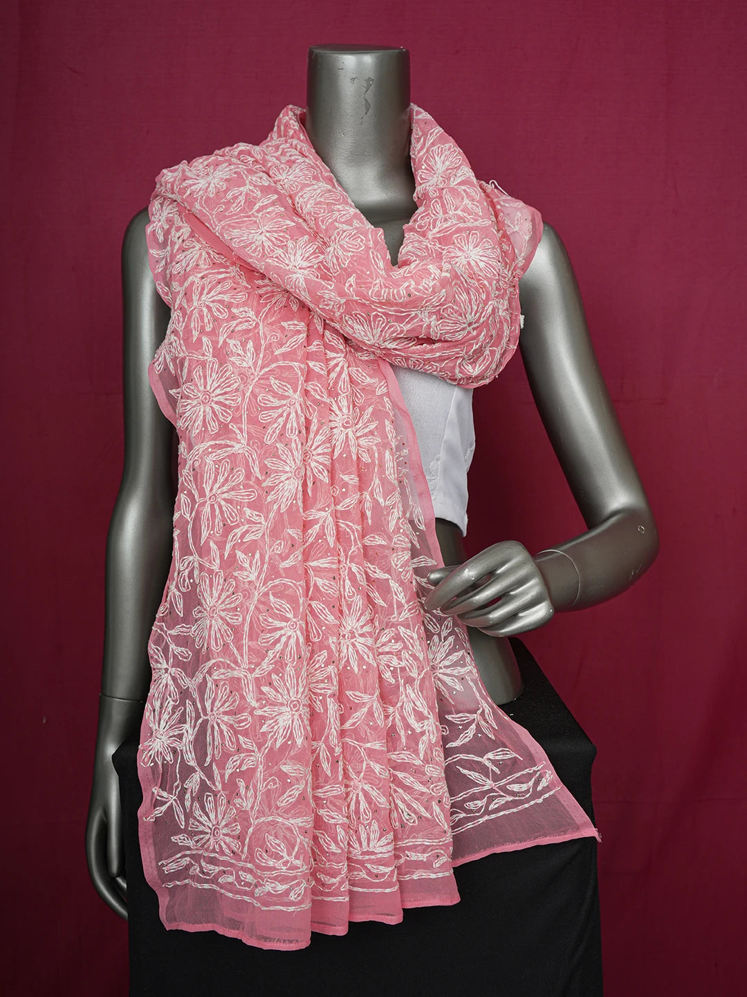 Ada Hand Embroidered Peach Pink Faux Georgette Lucknowi Chikankari Dupatta With Mukaish Work 01A560744