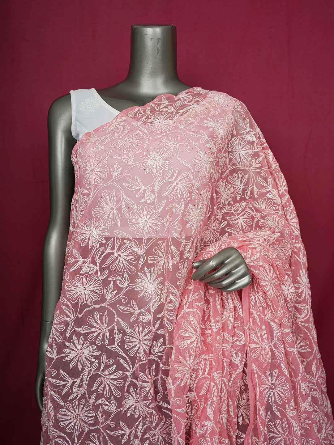 Ada Hand Embroidered Peach Pink Faux Georgette Lucknowi Chikankari Dupatta With Mukaish Work 01A560744