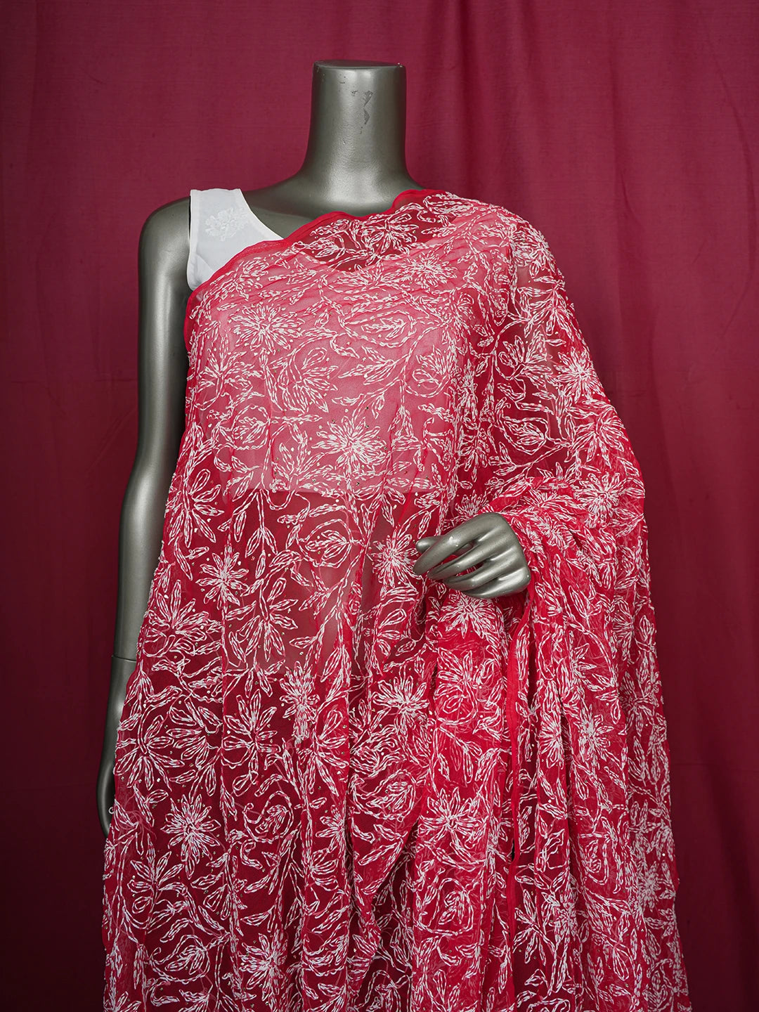 Ada Hand Embroidered Red Faux Georgette Lucknowi Chikankari Dupatta With Mukaish Work 01A561611