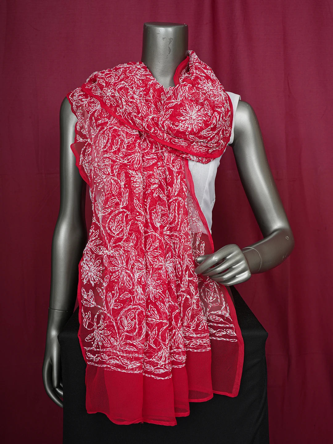 Ada Hand Embroidered Red Faux Georgette Lucknowi Chikankari Dupatta With Mukaish Work 01A561611