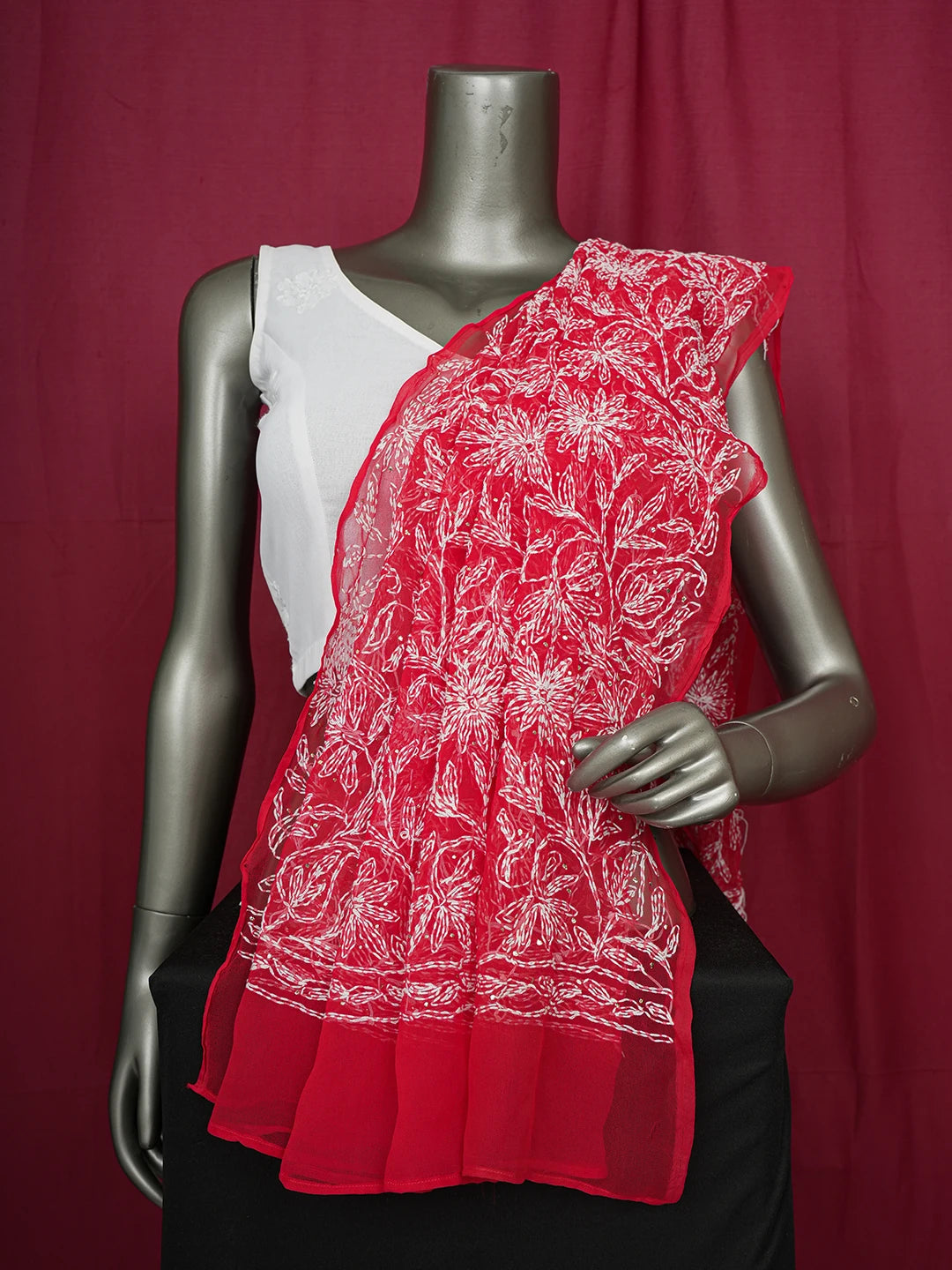 Ada Hand Embroidered Red Faux Georgette Lucknowi Chikankari Dupatta With Mukaish Work 01A561611