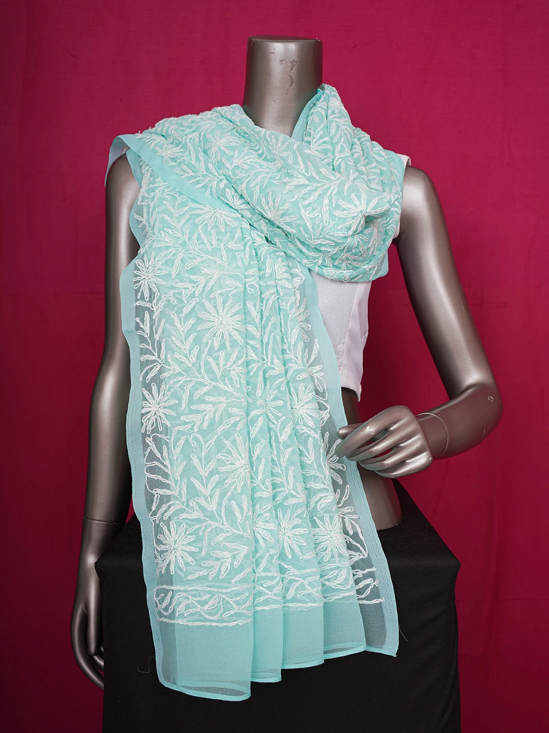 Ada Hand Embroidered Sea Green Faux Georgette Lucknowi Chikankari Dupatta 01A210889