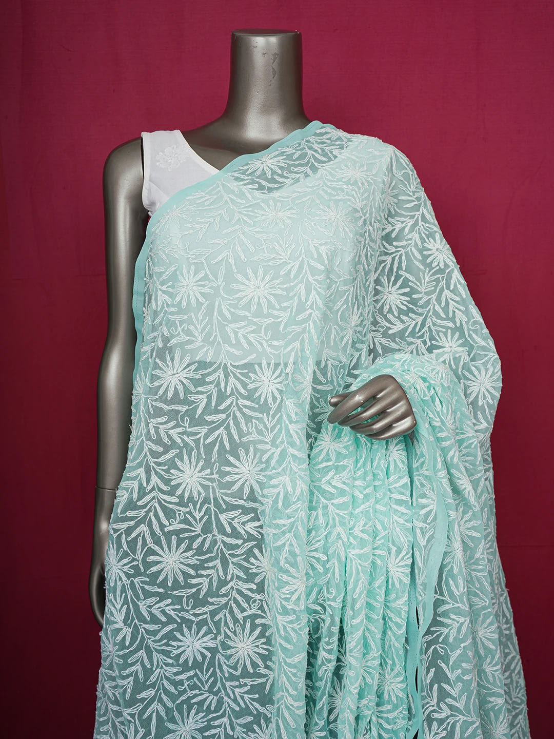 Ada Hand Embroidered Sea Green Faux Georgette Lucknowi Chikankari Dupatta 01A210889