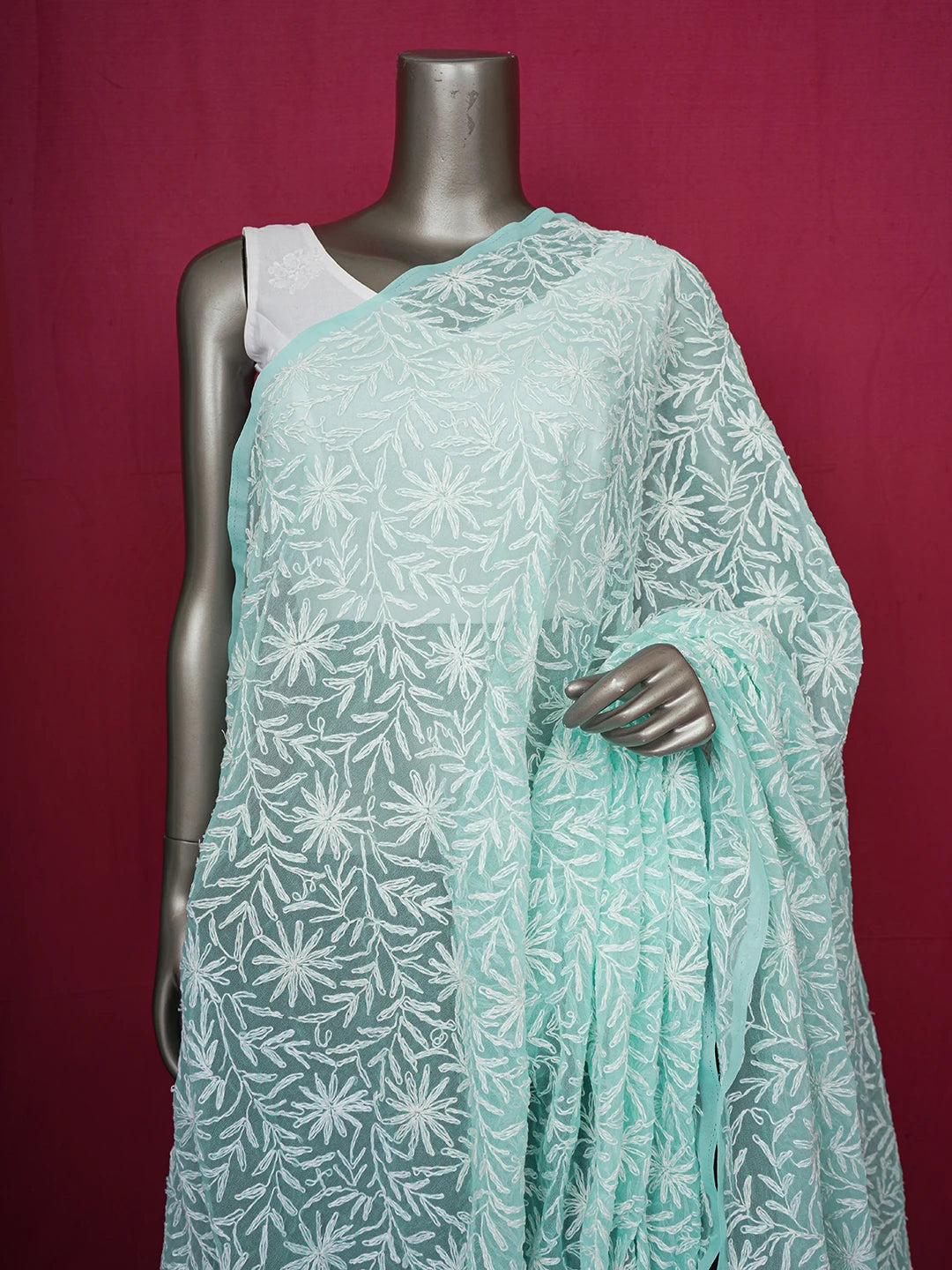 Ada Hand Embroidered Sea Green Faux Georgette Lucknowi Chikankari Dupatta 01A210889