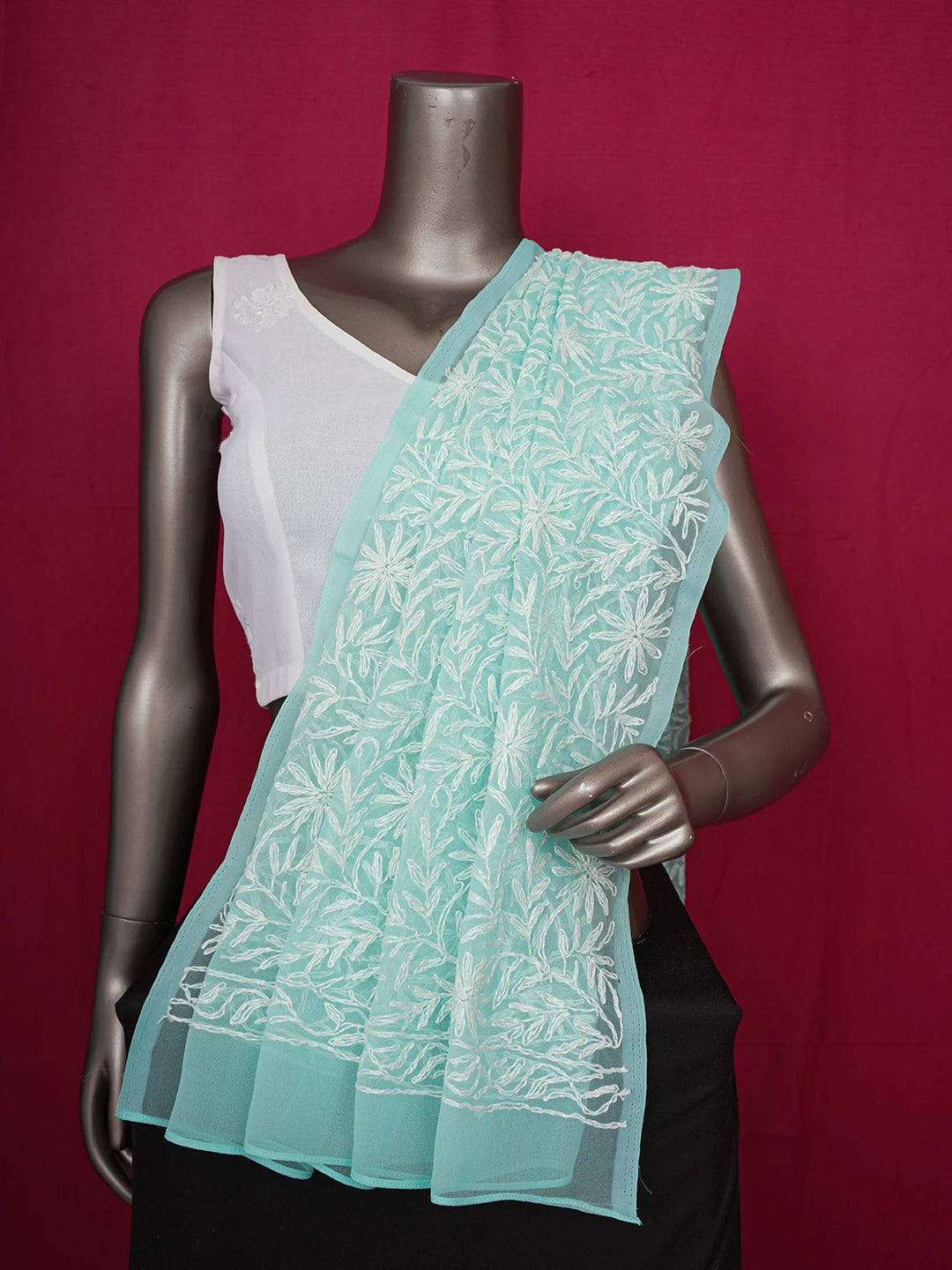 Ada Hand Embroidered Sea Green Faux Georgette Lucknowi Chikankari Dupatta 01A210889