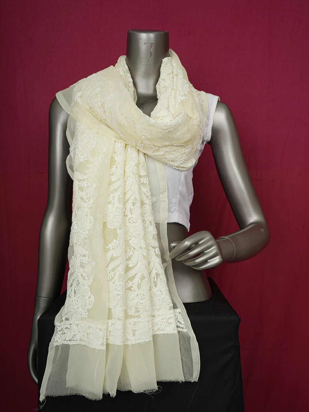 Ada Hand Embroidered Light Lemon Faux Georgette Lucknowi Chikankari Dupatta 01A374572