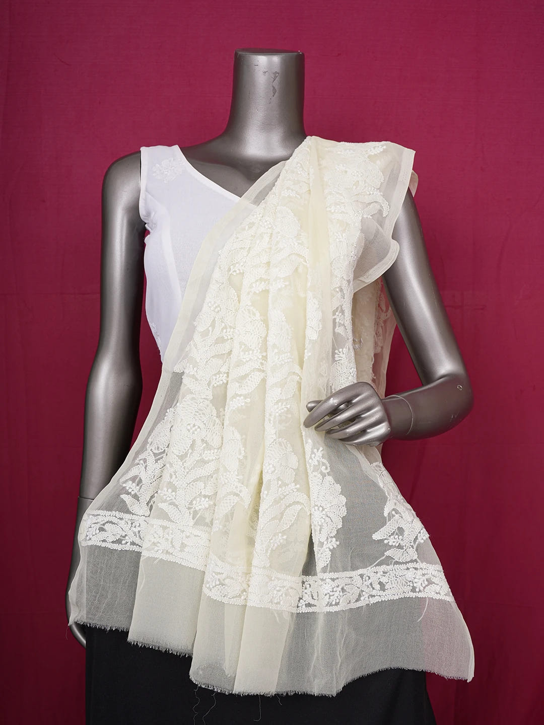 Ada Hand Embroidered Light Lemon Faux Georgette Lucknowi Chikankari Dupatta 01A374572