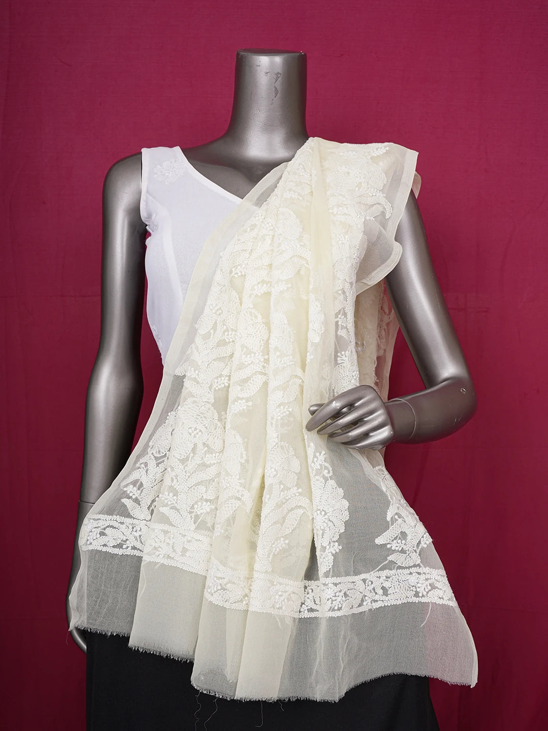 Ada Hand Embroidered Light Lemon Faux Georgette Lucknowi Chikankari Dupatta 01A374572