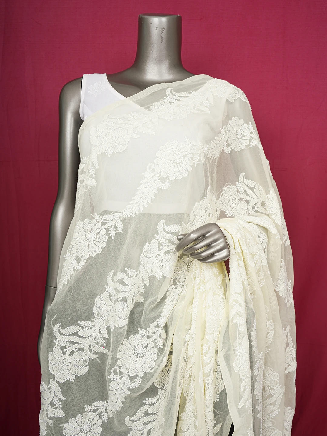 Ada Hand Embroidered Light Lemon Faux Georgette Lucknowi Chikankari Dupatta 01A374572