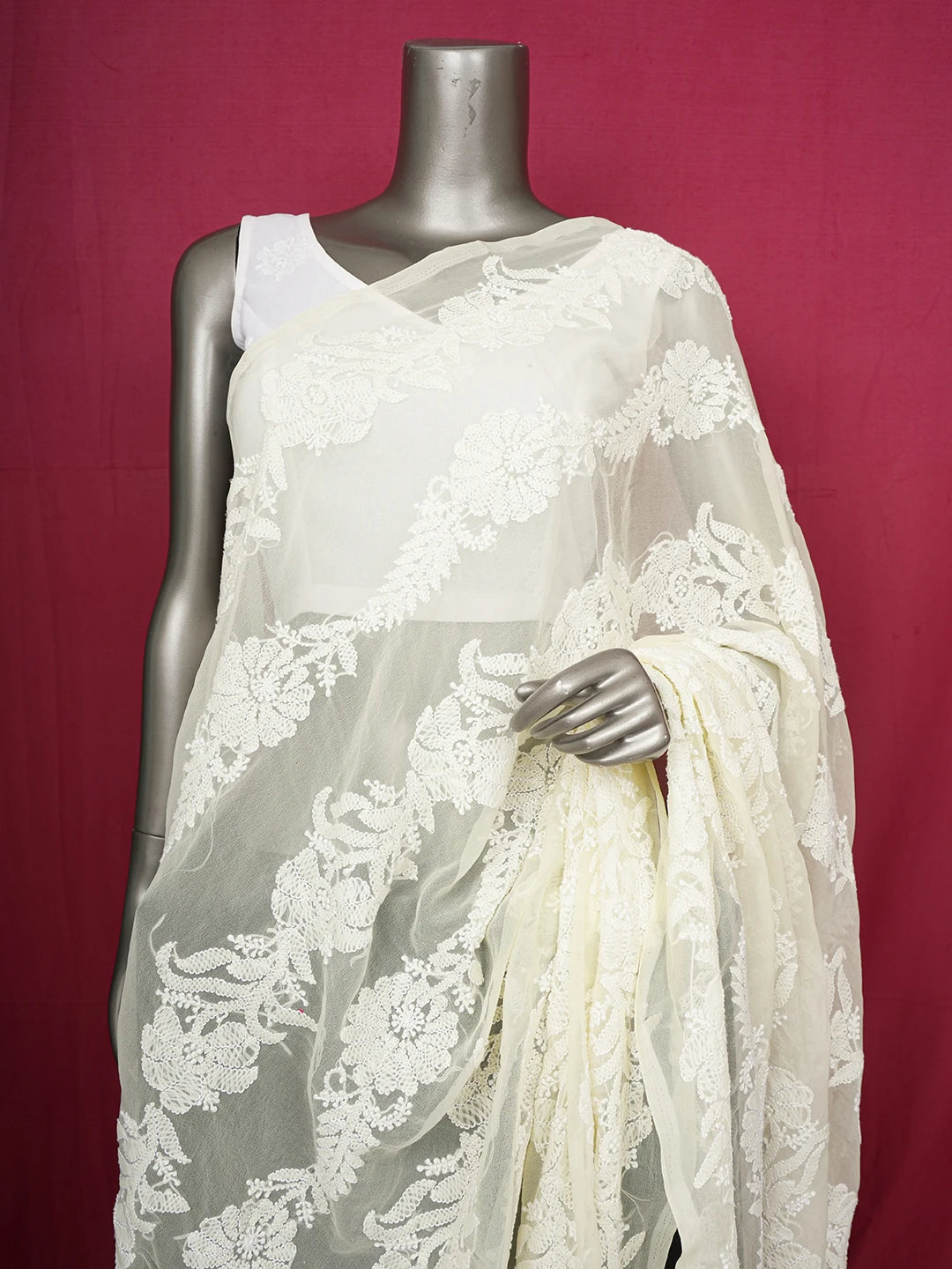 Ada Hand Embroidered Light Lemon Faux Georgette Lucknowi Chikankari Dupatta 01A374572