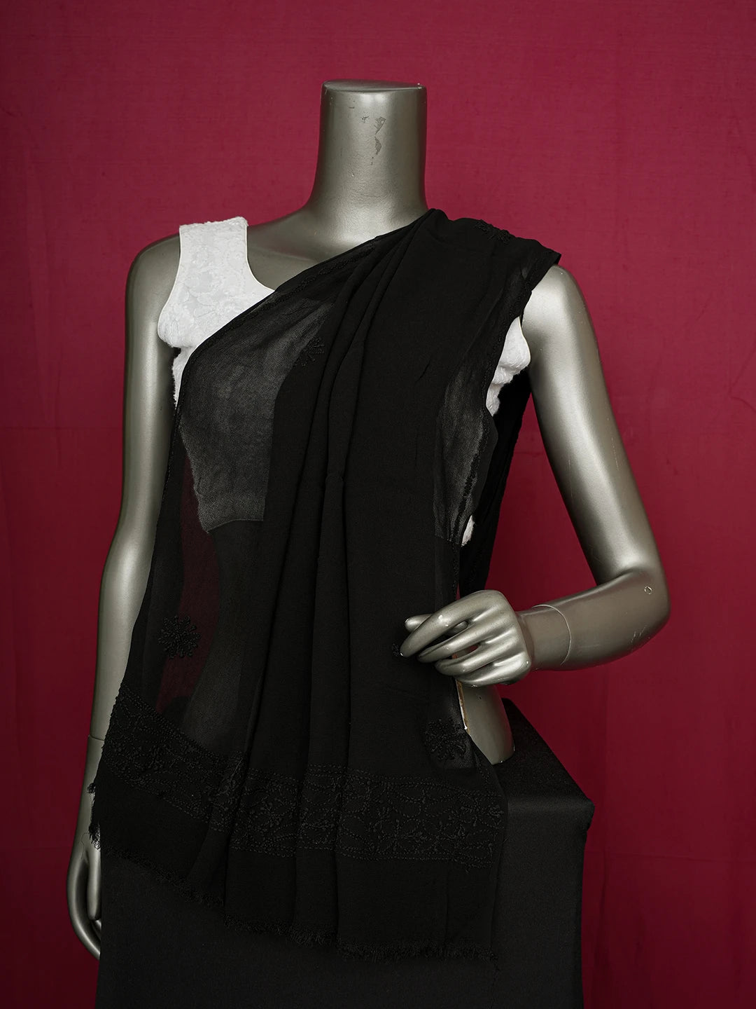 Ada Hand Embroidered Black Viscose Georgette Lucknowi Chikankari Dupatta 01A388338