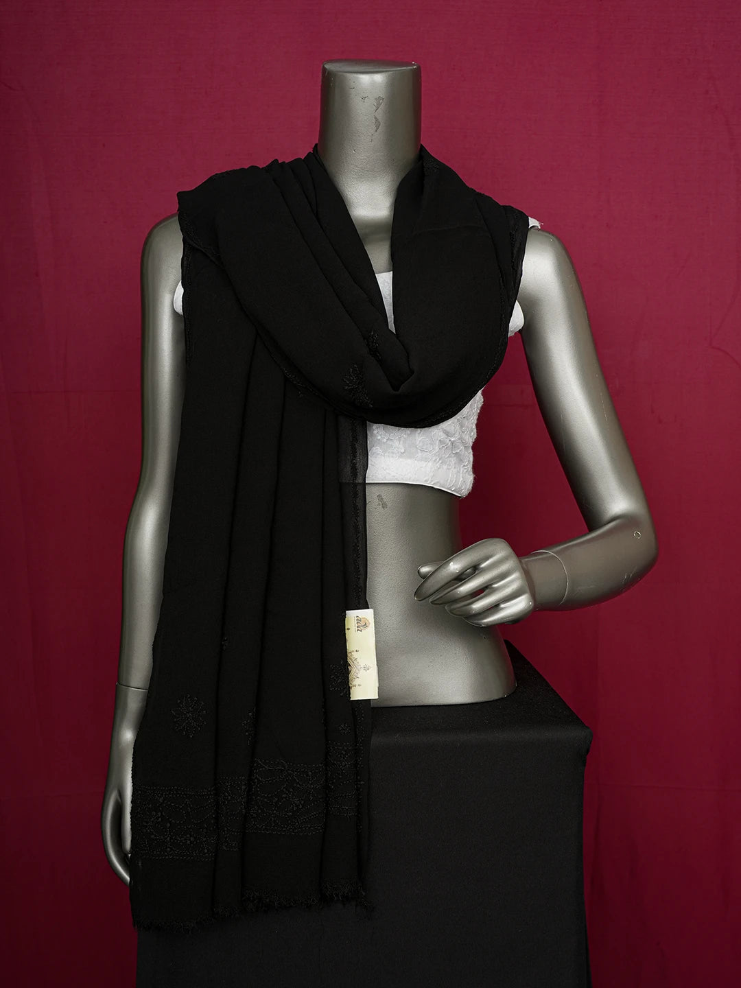 Ada Hand Embroidered Black Viscose Georgette Lucknowi Chikankari Dupatta 01A388338