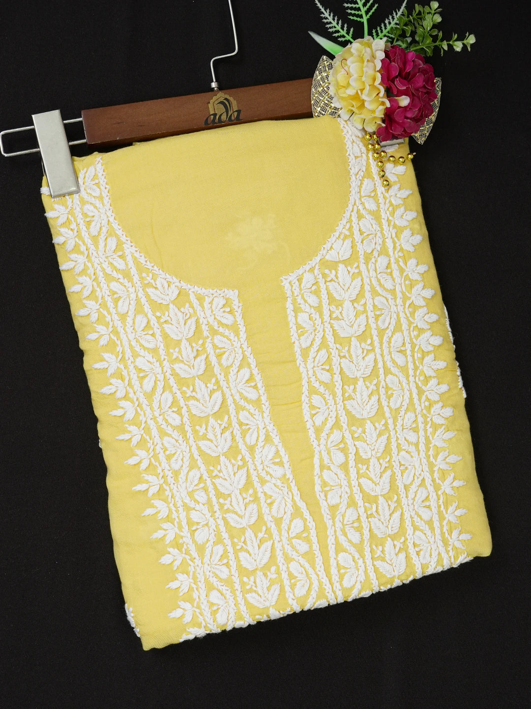 Ada Hand Embroidered Yellow Modal Lucknowi Chikankari Unstitched Kurta Piece 01A638723