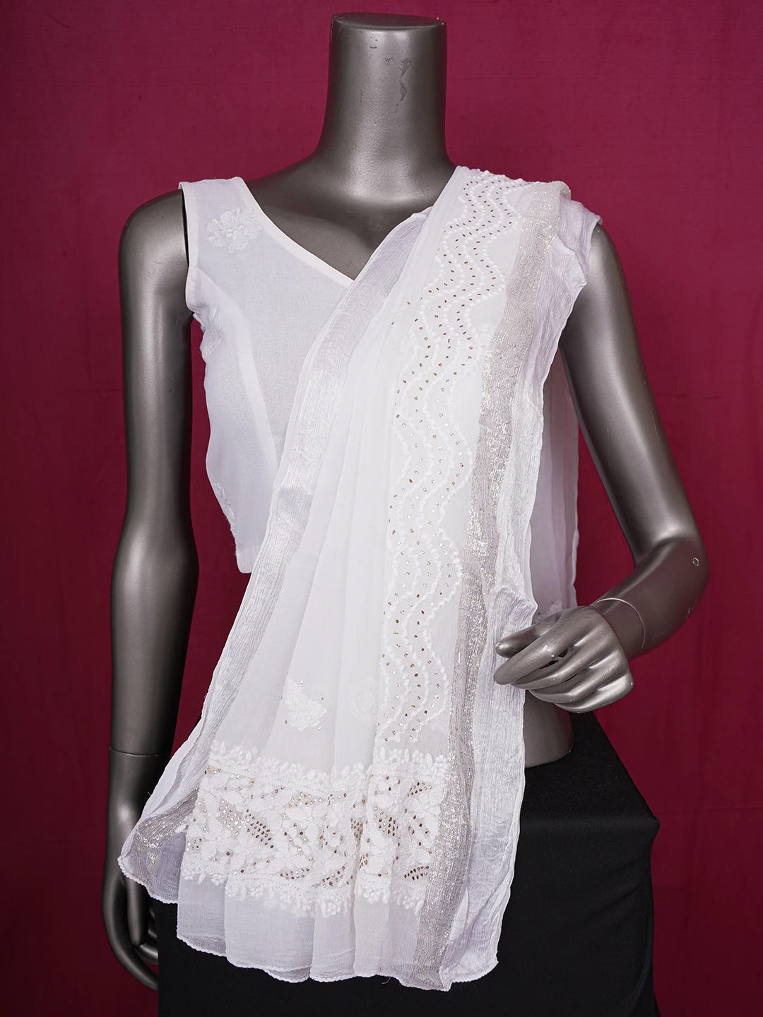 Ada Hand Embroidered White Chiffon Lucknowi Chikankari Dupatta With Muqaish & Zari Work A620256