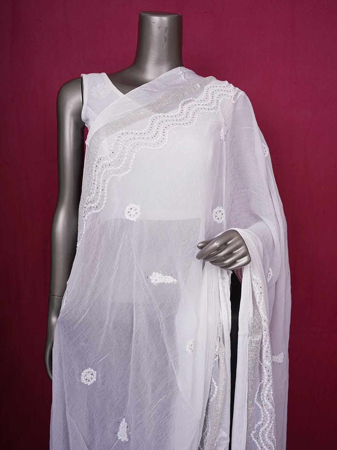 Ada Hand Embroidered White Chiffon Lucknowi Chikankari Dupatta With Muqaish & Zari Work A620256