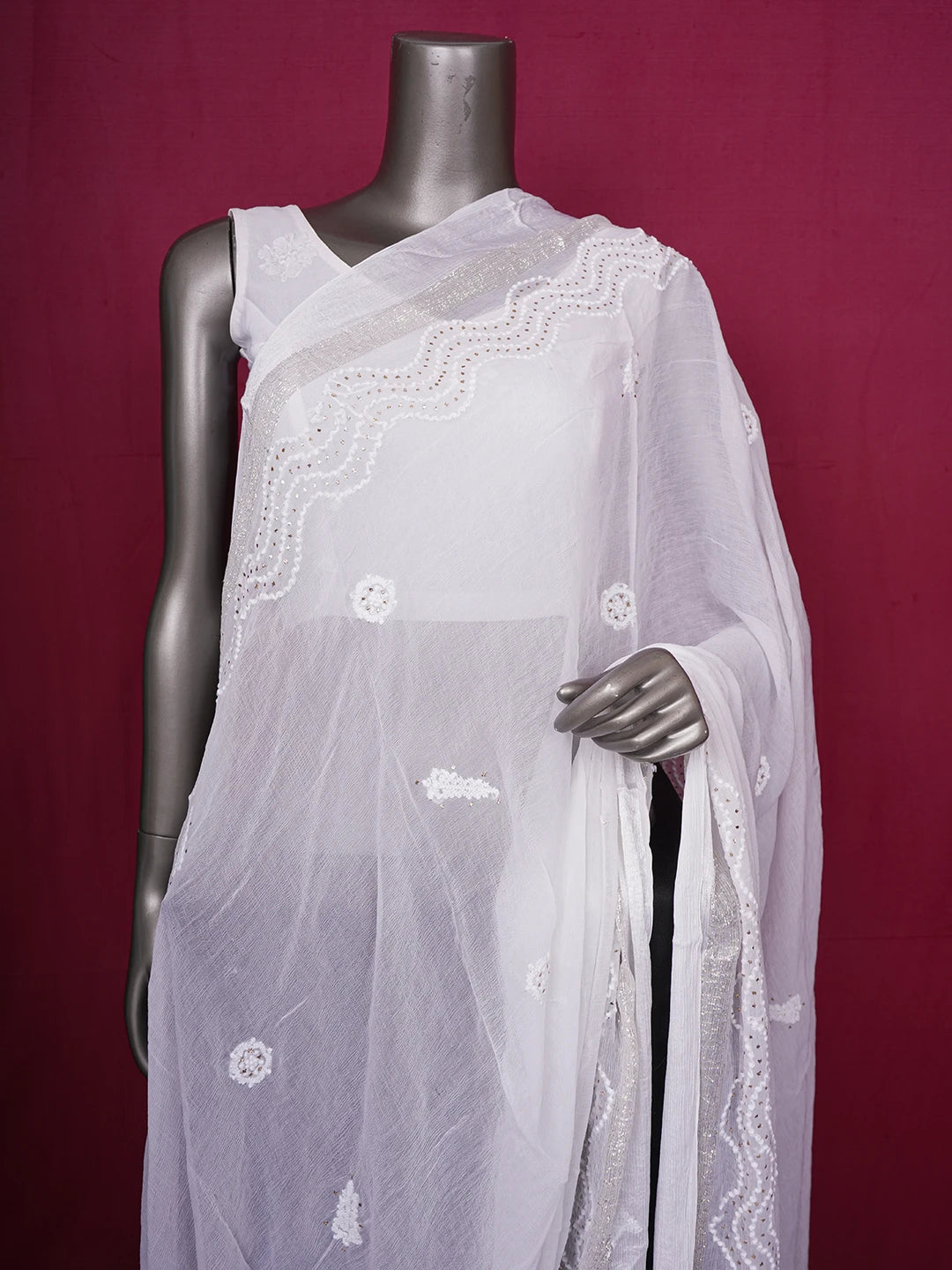 Ada Hand Embroidered White Chiffon Lucknowi Chikankari Dupatta With Muqaish & Zari Work A620256