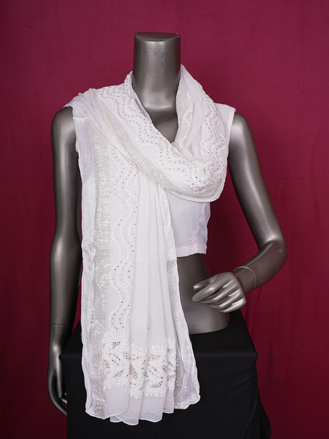 Ada Hand Embroidered White Chiffon Lucknowi Chikankari Dupatta With Muqaish & Zari Work A620256