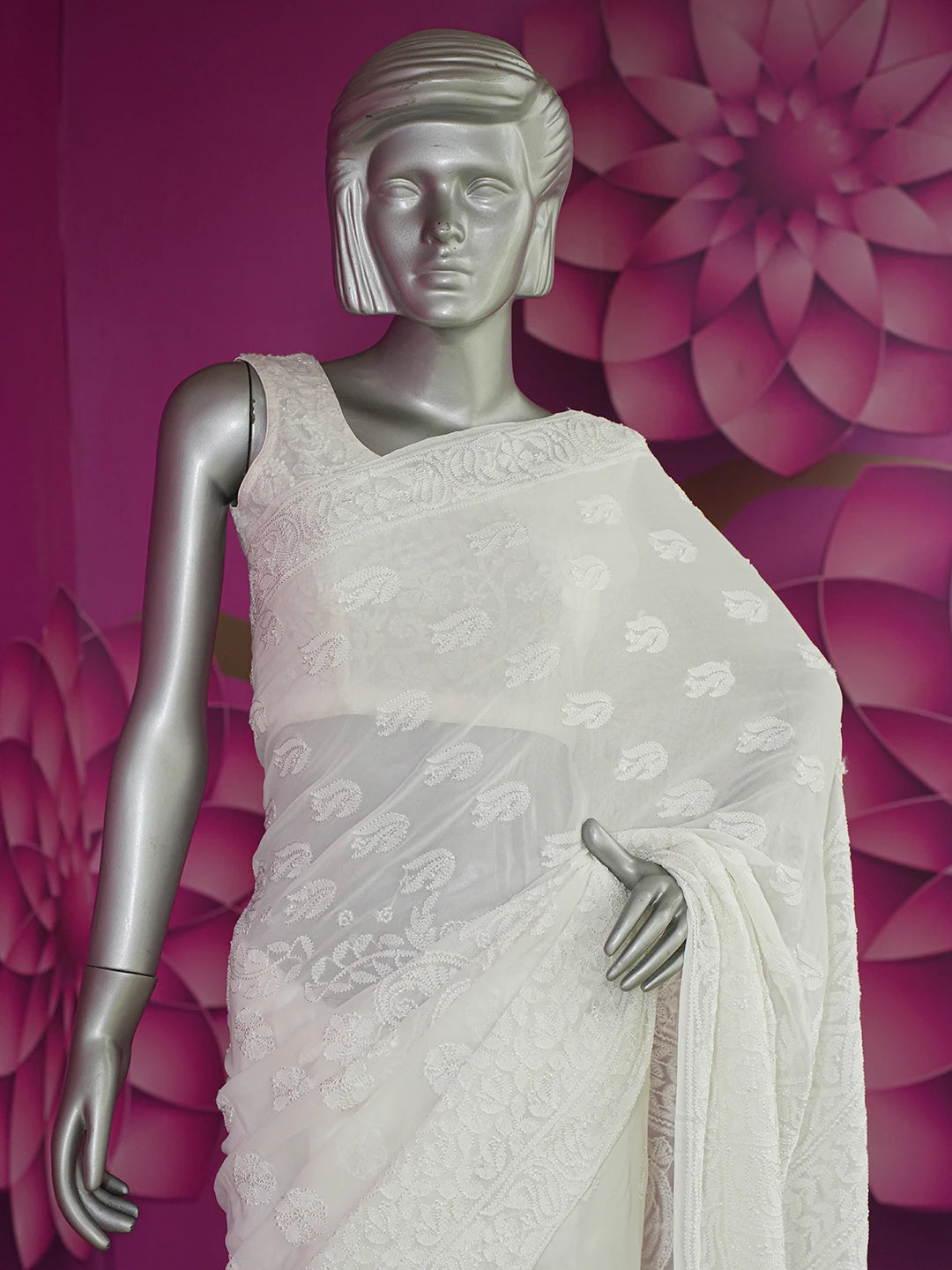 Ada Hand Embroidered White Pure Georgette Lucknowi Chikankari Saree With Blouse 01A620474