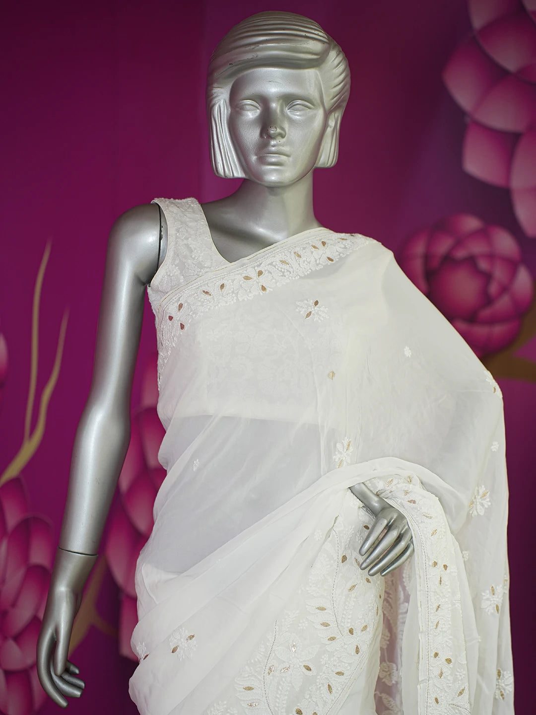 Ada Hand Embroidered White Viscose Georgette Lucknowi Chikankari Saree/Blouse With Gota Patti Work 01A627505