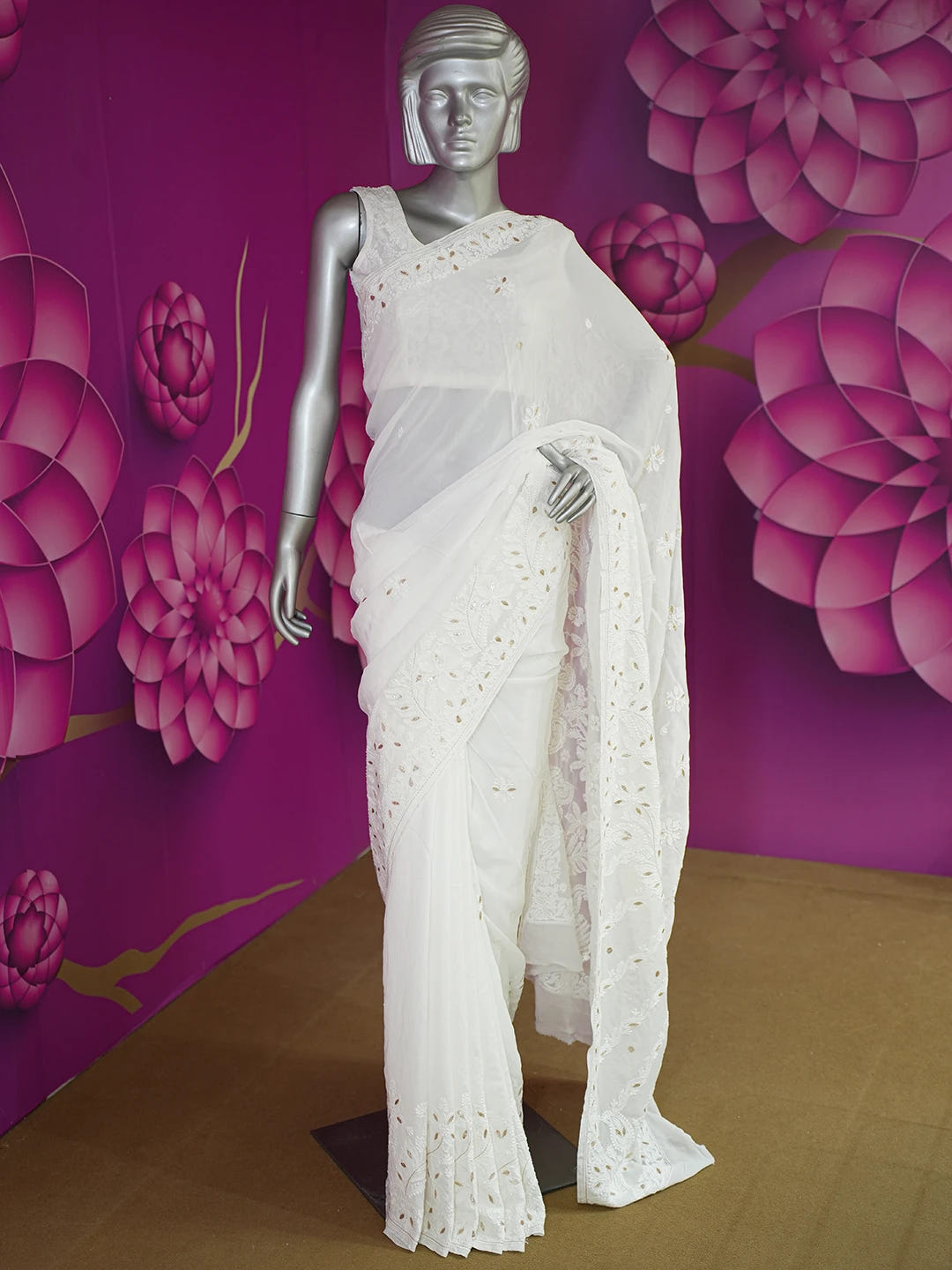 Ada Hand Embroidered White Viscose Georgette Lucknowi Chikankari Saree/Blouse With Gota Patti Work 01A627505
