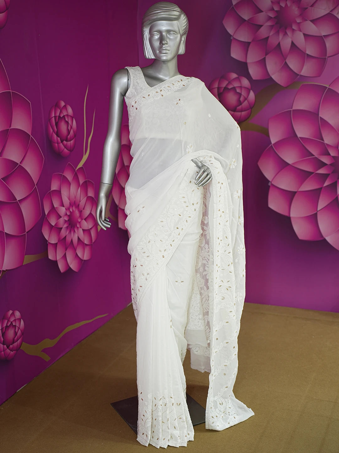 Ada Hand Embroidered White Viscose Georgette Lucknowi Chikankari Saree/Blouse With Gota Patti Work 01A627505