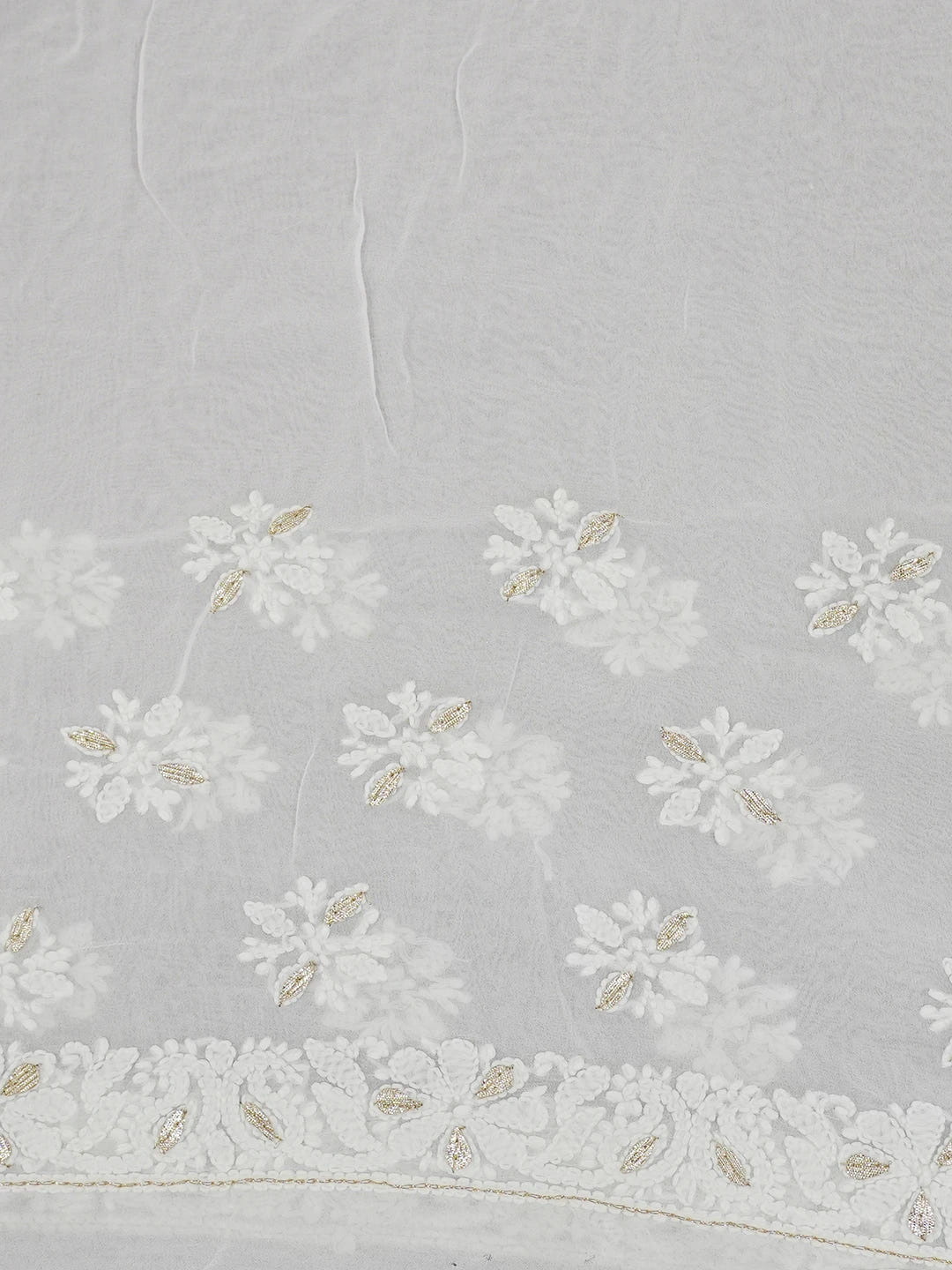 Ada Hand Embroidered White Viscose Georgette Lucknowi Chikankari Saree/Blouse With Gota Patti Work 01A627505