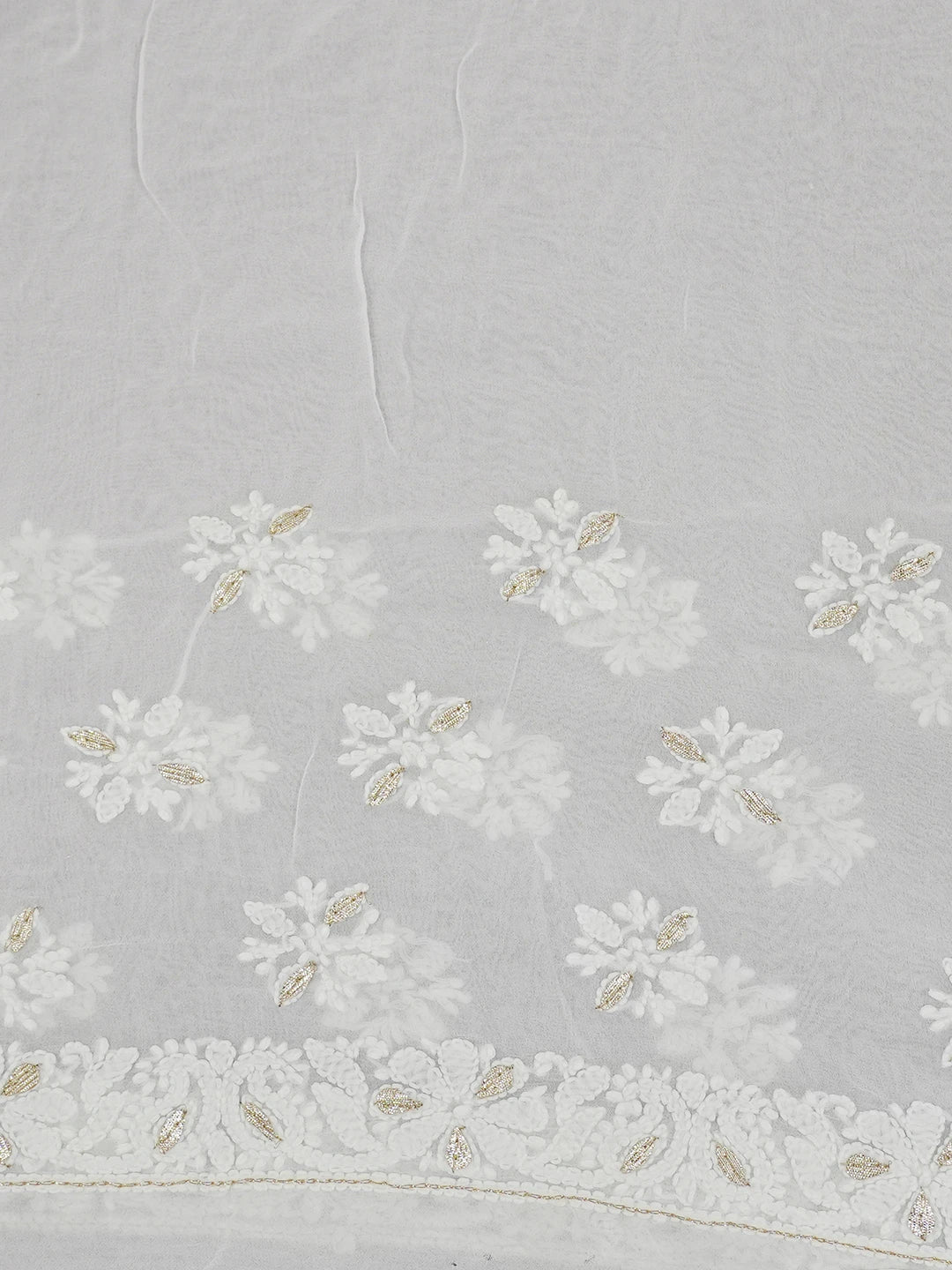 Ada Hand Embroidered White Viscose Georgette Lucknowi Chikankari Saree/Blouse With Gota Patti Work 01A627505