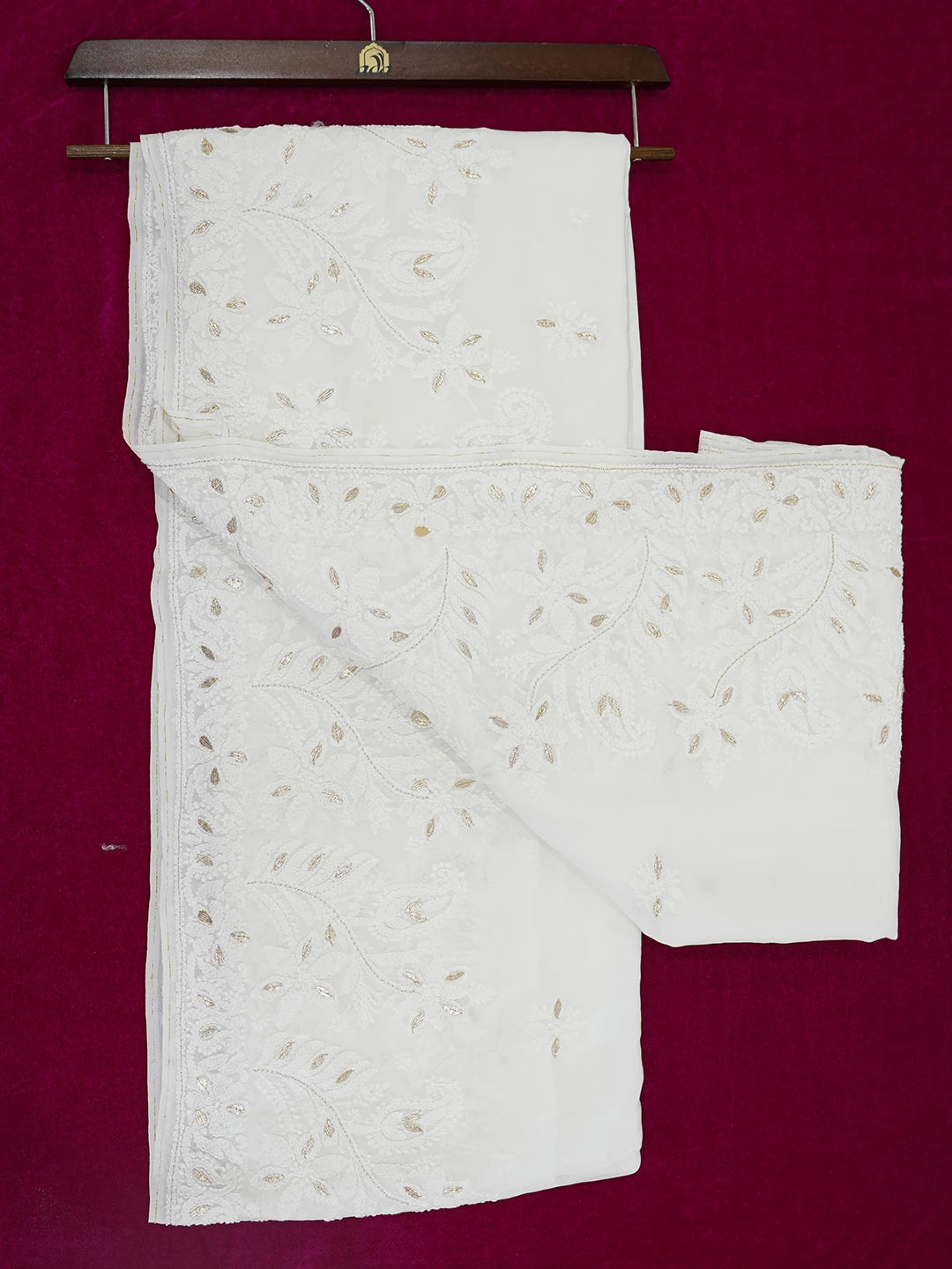 Ada Hand Embroidered White Viscose Georgette Lucknowi Chikankari Saree/Blouse With Gota Patti Work 01A627505