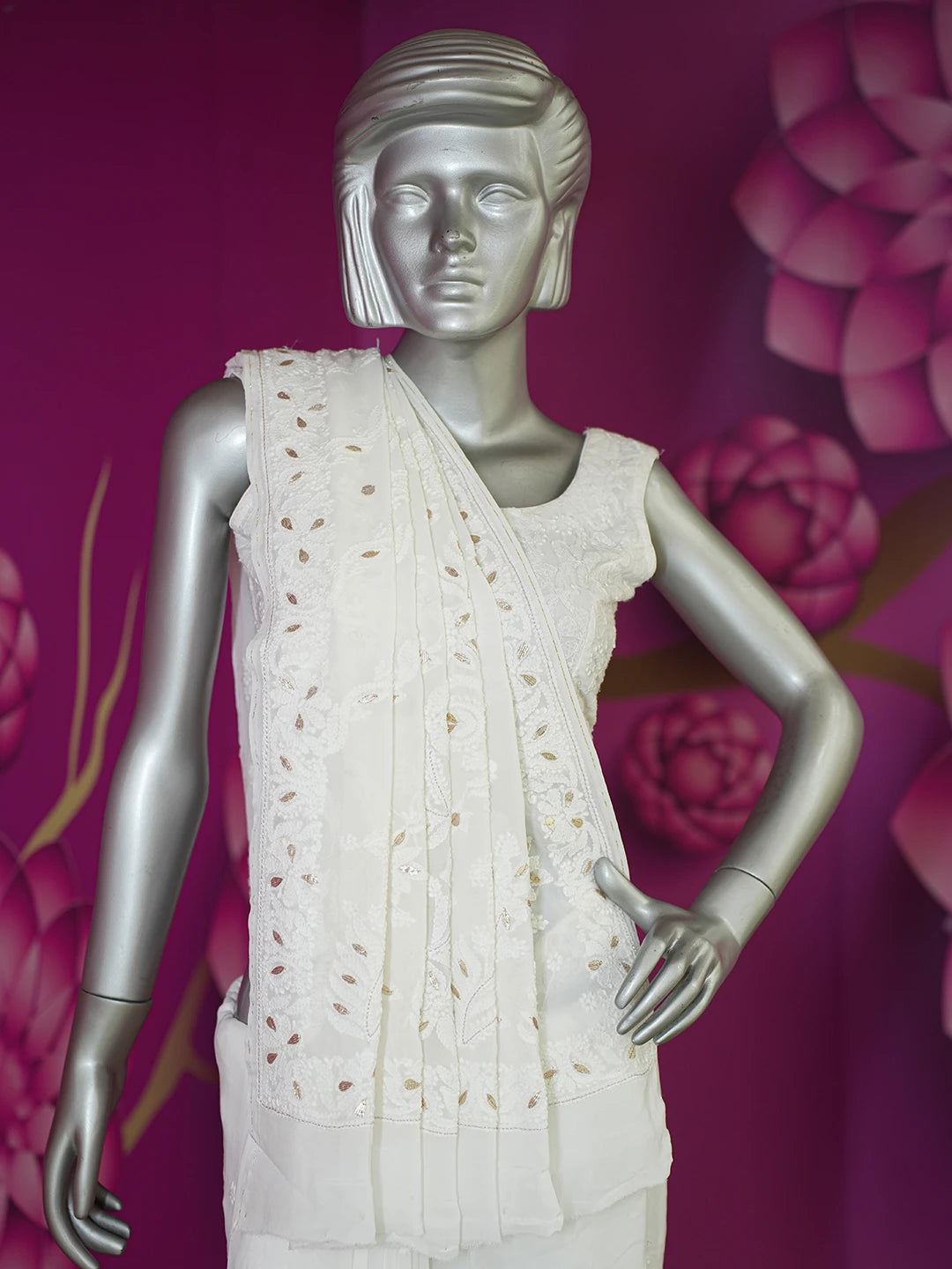 Ada Hand Embroidered White Viscose Georgette Lucknowi Chikankari Saree/Blouse With Gota Patti Work 01A627505