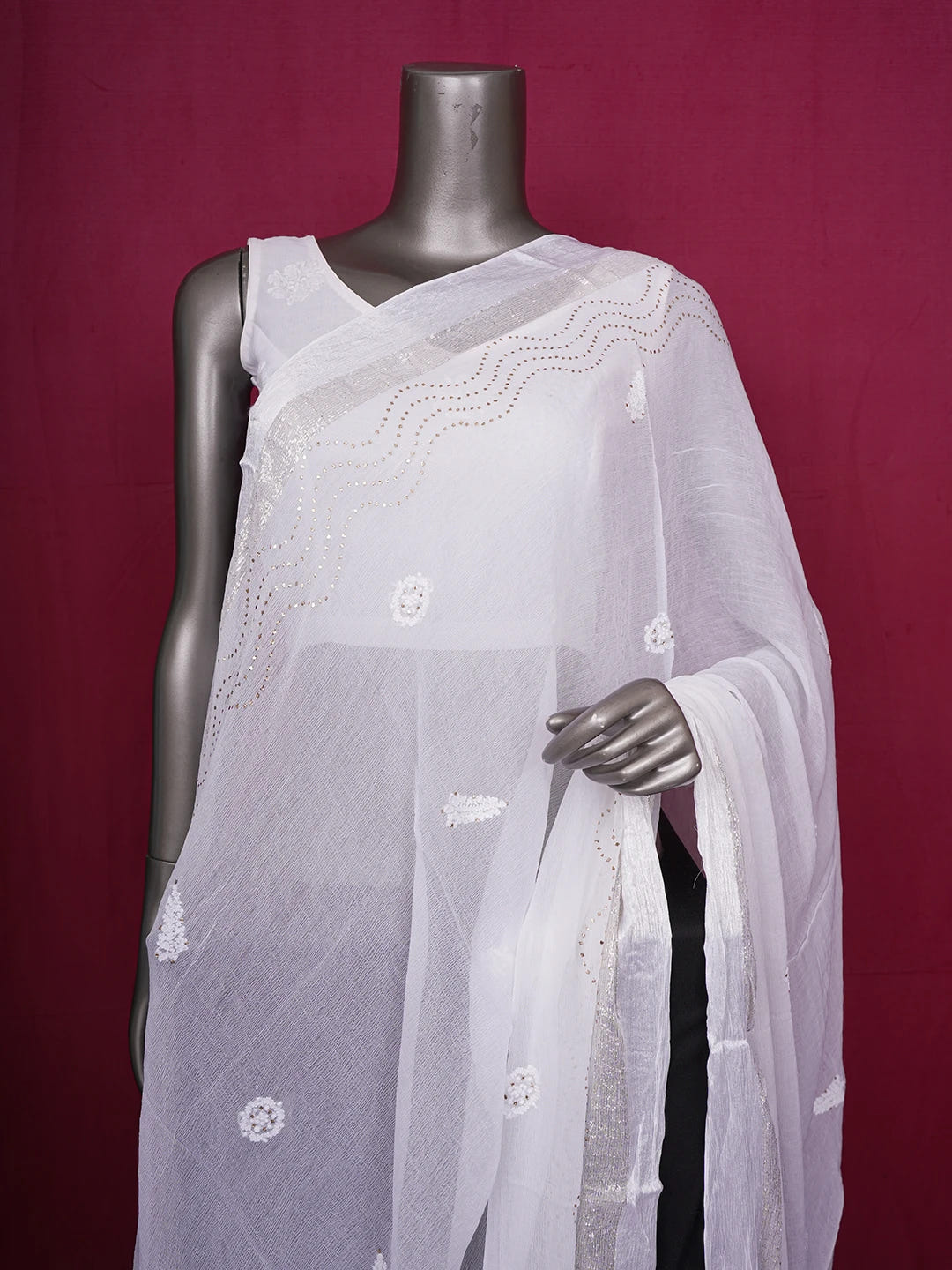 Ada Hand Embroidered White Chiffon Lucknowi Chikankari Dupatta With Muqaish Work A550196