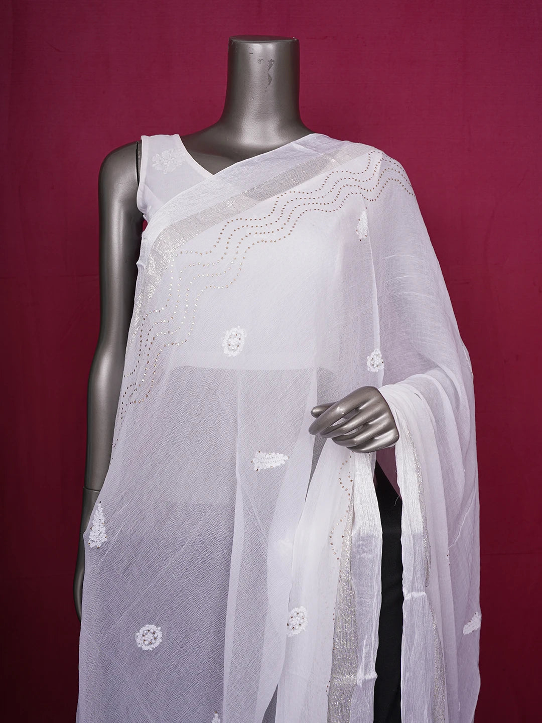 Ada Hand Embroidered White Chiffon Lucknowi Chikankari Dupatta With Muqaish Work A550196