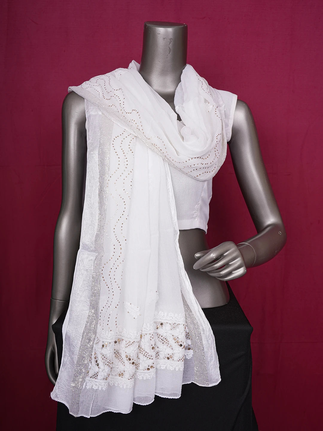 Ada Hand Embroidered White Chiffon Lucknowi Chikankari Dupatta With Muqaish Work A550196