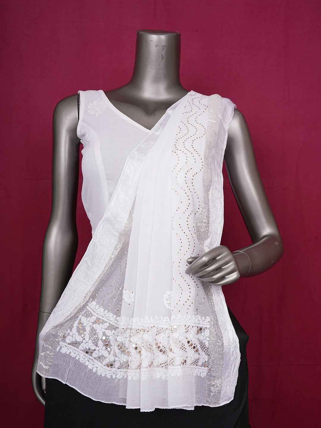 Ada Hand Embroidered White Chiffon Lucknowi Chikankari Dupatta With Muqaish Work A550196