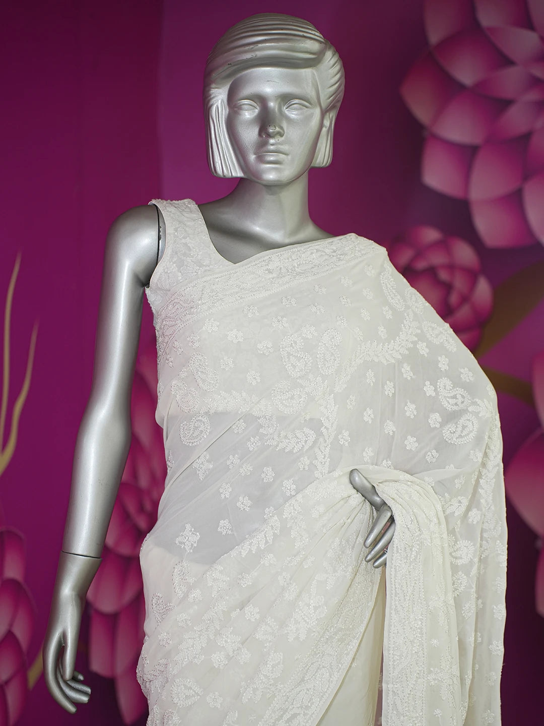 Ada Hand Embroidered White Pure Georgette Lucknowi Chikankari Saree With Blouse 01A626503