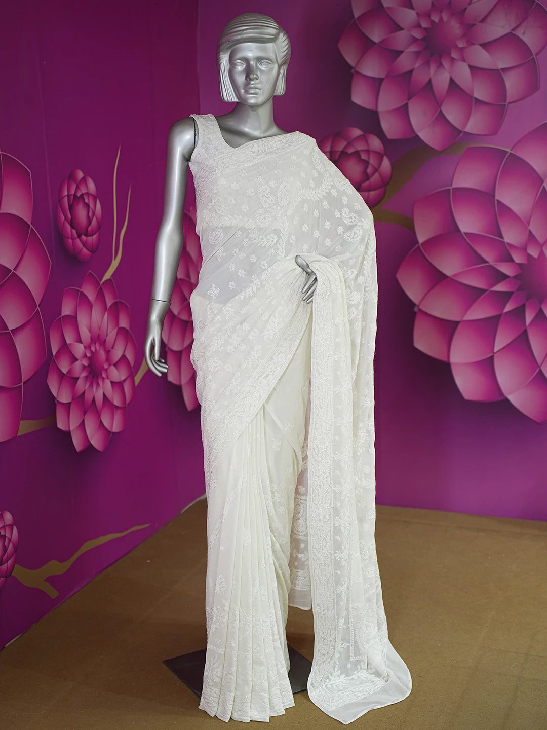 Ada Hand Embroidered White Pure Georgette Lucknowi Chikankari Saree With Blouse 01A626503