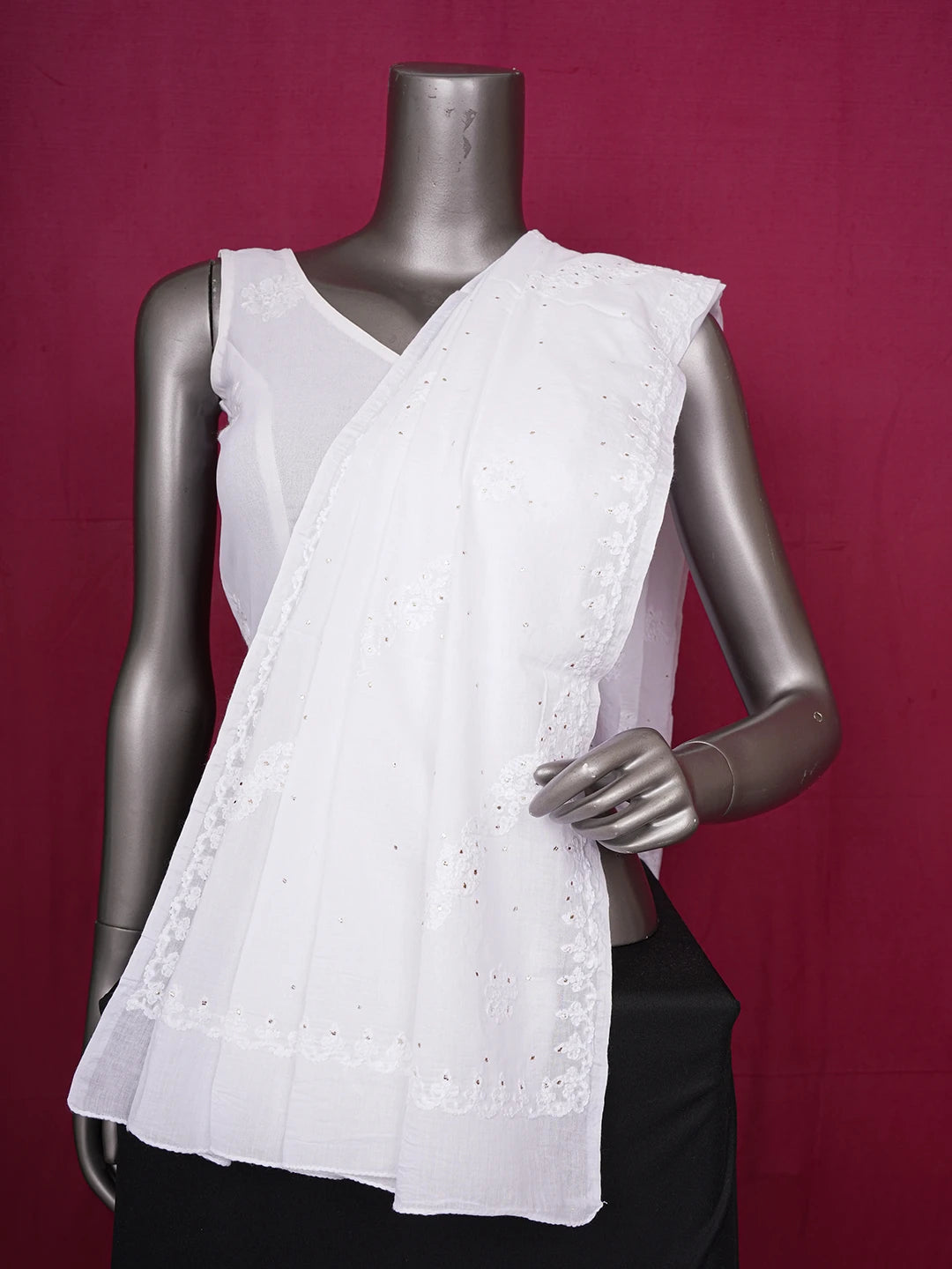 Ada Hand Embroidered White Cotton Lucknowi Chikankari Dupatta 01A597419