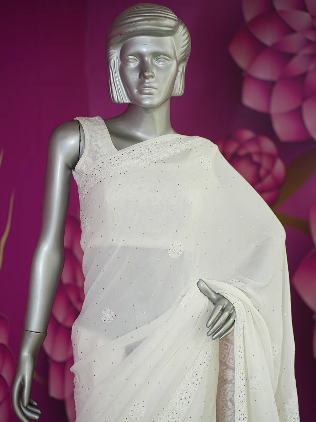 Ada Hand Embroidered Off White Pure Georgette Lucknowi Chikankari Saree/Blouse with Muqaish Work 01A555934