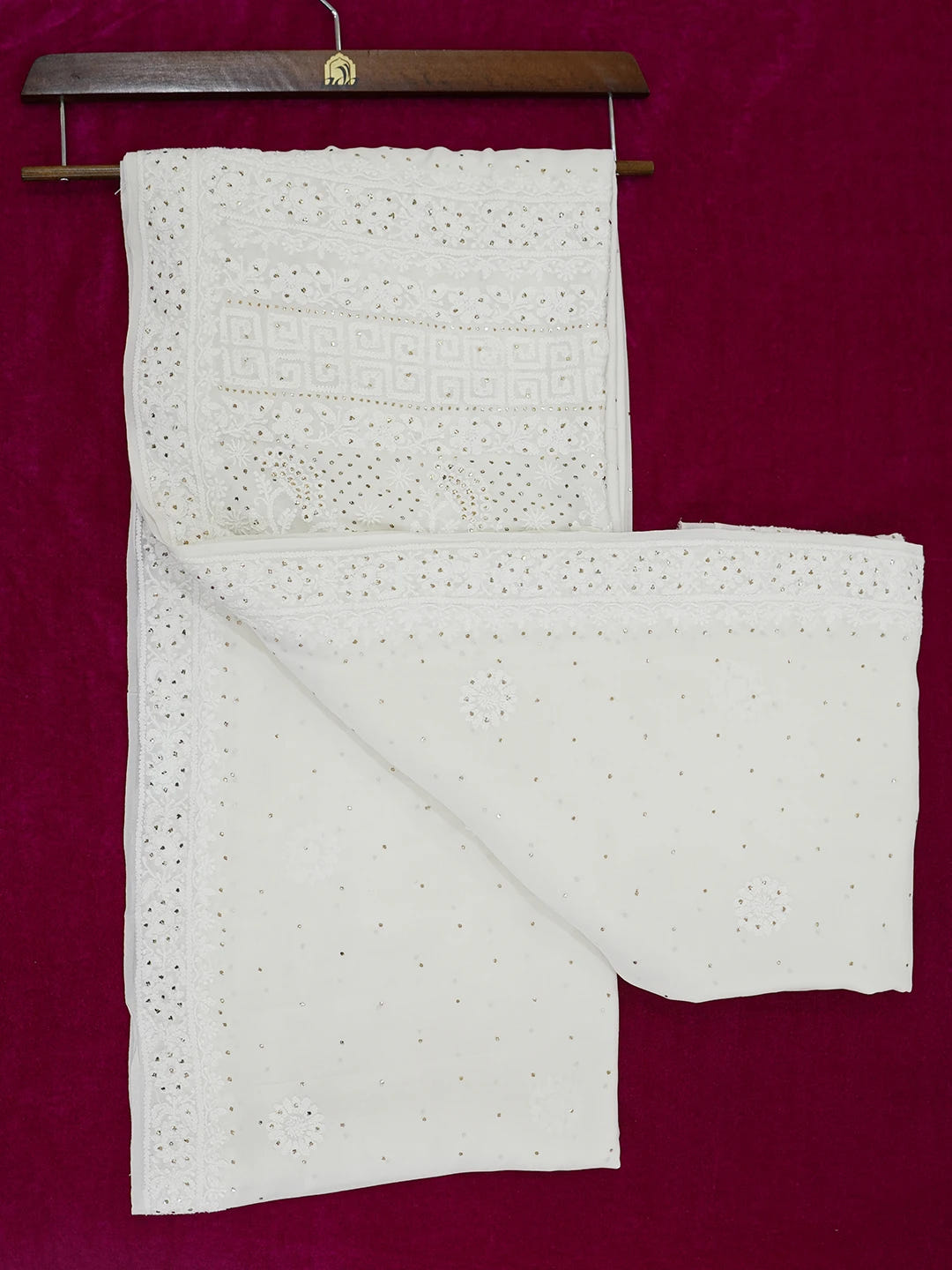 Ada Hand Embroidered Off White Pure Georgette Lucknowi Chikankari Saree/Blouse with Muqaish Work 01A555934