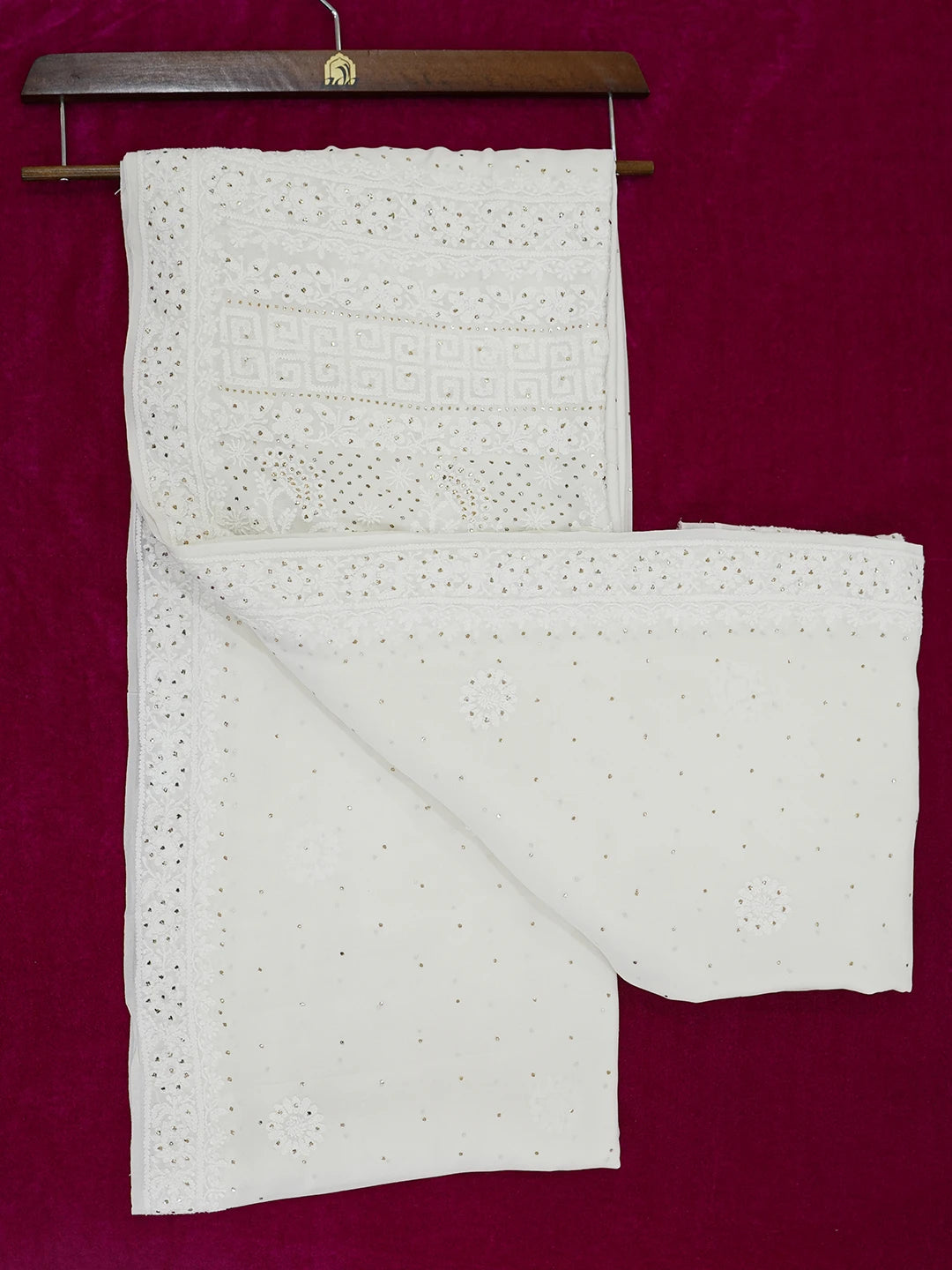 Ada Hand Embroidered Off White Pure Georgette Lucknowi Chikankari Saree/Blouse with Muqaish Work 01A555934